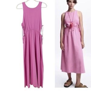 Zara cotton ruched waist midi dress pink summer lightweight breezy vacation